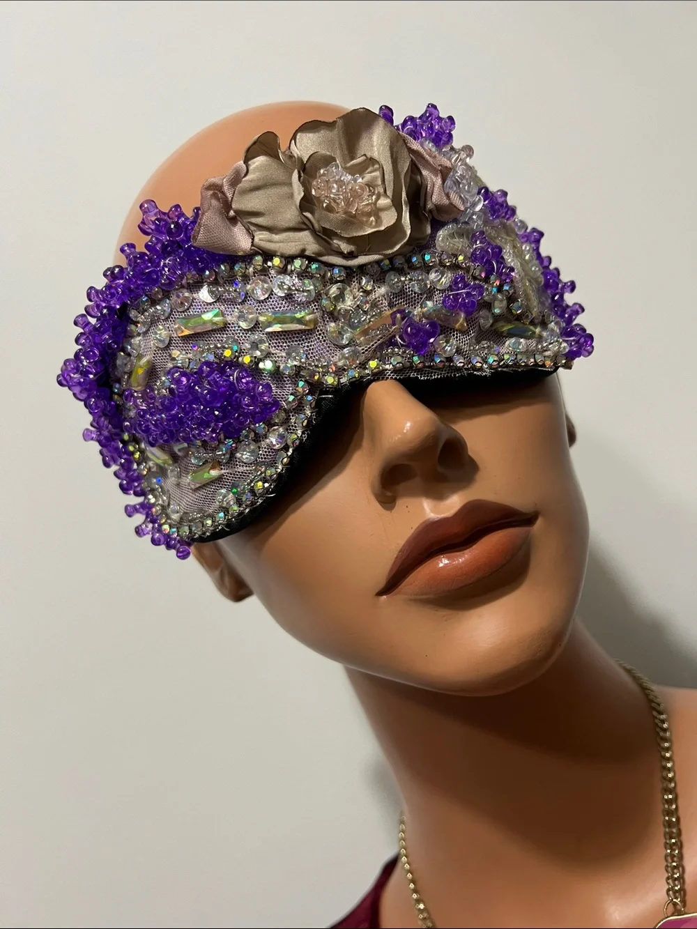 Purple Beaded Decorative Sleep Mask with Champagne Flower Accent